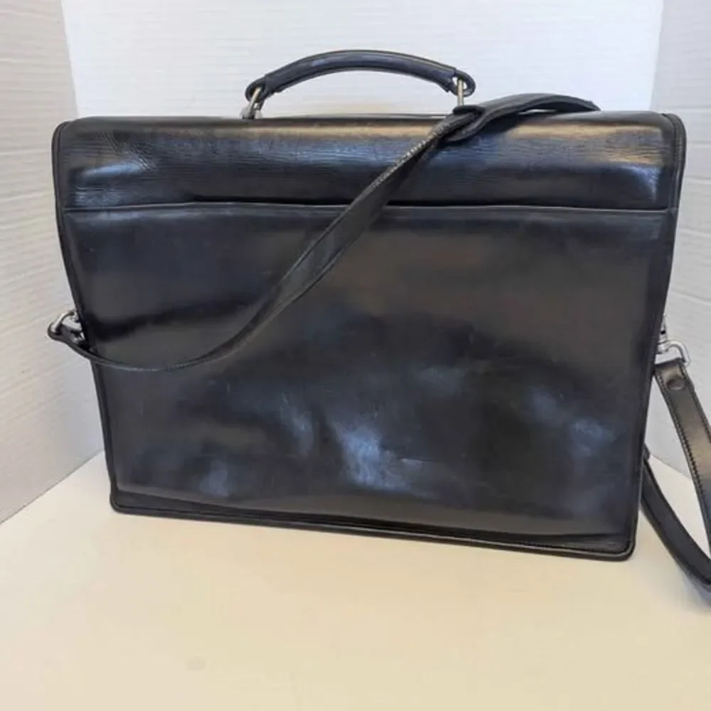 Vintage Amiet Black Leather Crossbody Messenger Briefcase Book Bag 16x12x4